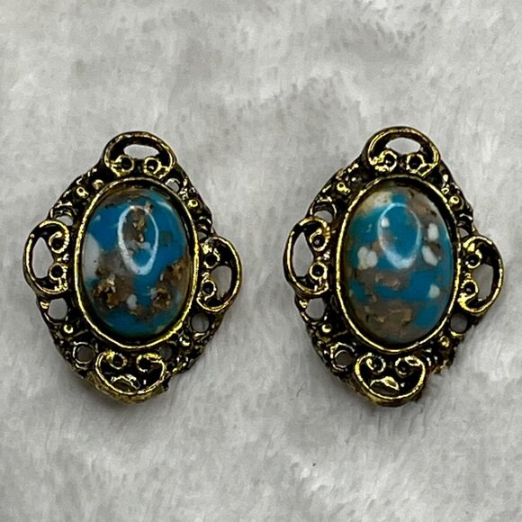 Vintage Gold Filigree Clip-On Earrings With Blue Marbled Stone - Picture 1 of 5